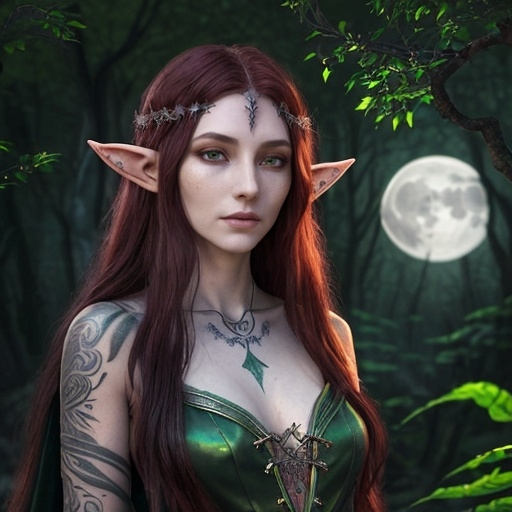 Prompt: Elven Sorceress, 24, female, tall, slender, emerald eyes, moon-kissed skin, fiery red hair, waist-length hair, intricate tattoos, enchanted floral tattoos, upper body, shimmering leaf attire, delicate vines, silver belt, arcane artifacts, moonlit dagger, pointed elven ears, sparkling diamond earrings, barefoot, elven grace, secluded upbringing, mystical coven, unorthodox education, unique spellcasting style, performer, spy, Luminara city-dweller, moonlit groves, whispering trees, prophecy, fiery spirit, mischievous grin, curious nature, protective, sharp wit, adept at political intrigue, elusive connections, alluring vulnerability.