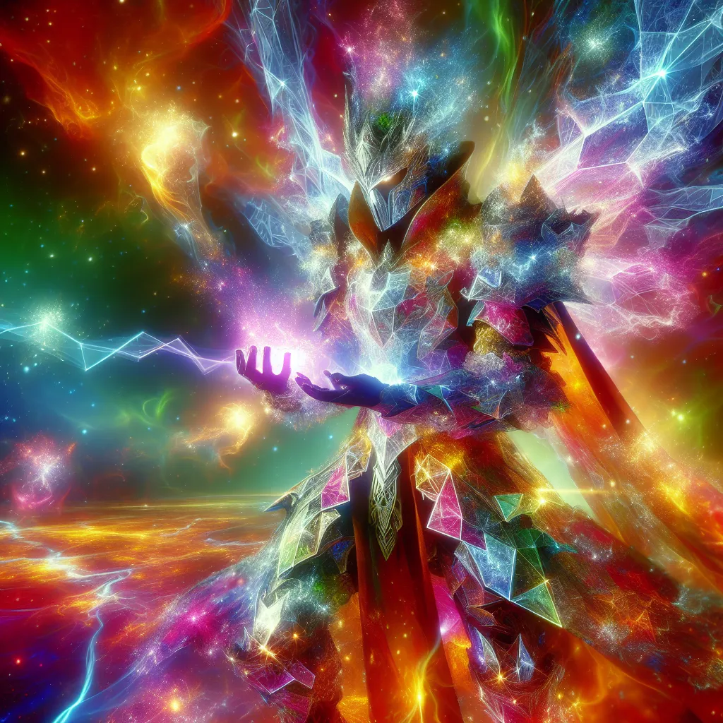 Prompt: "A radiant mage clad in robes of shifting, crystalline hues stands in the center of a kaleidoscopic battlefield. With each motion, beams of refracted light shoot from their hands, creating dazzling, geometric spells. The air around them is alive with swirling, prismatic energy, and the ground glows with the afterimages of their magic."