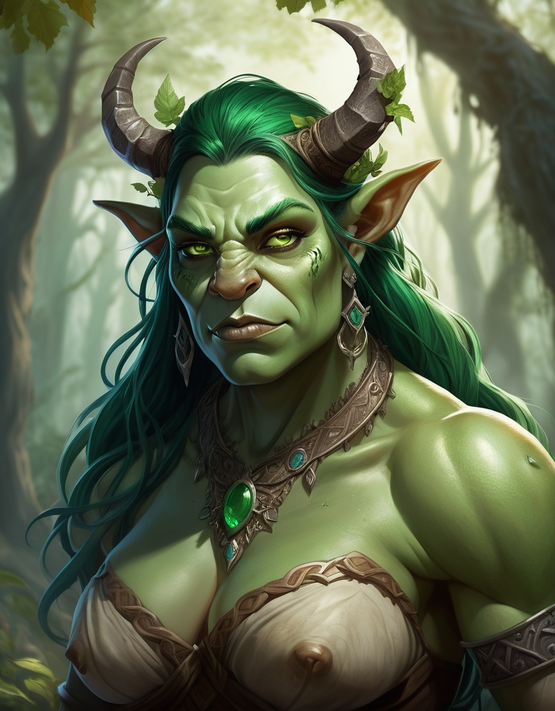 Prompt: Brutara  Stonecrusher is an Ogre, she stands tall at nearly 8', her emerald skin glistening with the morning dew of the evermoor. Her eyes are a piercing shade of amber, hinting at an ancient wisdom beyond her years. Her tusks curve elegantly, almost like a crown of ivory, and her hair is a wild tangle of vines and leaves that seem to have grown into her very being. Her body is robust and powerful, with muscles rippling beneath her foliage-covered fur. Adorned with intricate tattoos telling the story of her ancestry, she wears a simple loincloth and carries an enormous wooden staff carved from the heart of an ancient treant.