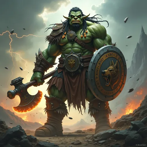 Prompt: *"A towering half-orc warrior stands amidst a rugged battlefield, exuding a commanding presence that balances raw power and calculated precision. His broad, muscular frame is clad in a mix of battle-worn leather and piecemeal armor, adorned with intricate tribal engravings that tell the story of his lineage. His dusky green skin bears scars from countless battles, each marking a tale of survival and resilience.

The half-orc’s sharp tusks protrude from a grim but noble expression, his amber eyes glowing with fierce determination and a hint of sorrow for the conflict around him. His long, braided hair is intertwined with small charms made of bone and metal, symbols of his dual heritage—a blend of orcish strength and human ingenuity.

In one hand, he wields a massive greataxe with a gleaming blade etched with runes that pulse faintly with fiery orange light. The weapon radiates ancient magic, a relic passed down through generations. His other hand rests on a heavy round shield, its surface battered but marked with the emblem of his tribe—a stylized wolf howling beneath a crescent moon.

The backdrop features a dramatic, stormy sky with flashes of lightning illuminating the chaos of the battlefield. Fallen enemies and burning ruins litter the scene, while in the distance, a lone mountain peak looms, crowned with an ethereal glow that hints at the sacred mission driving the half-orc forward.

The color palette emphasizes deep earth tones—greens, browns, and greys—with vivid accents of fiery orange and gold. The overall effect captures the dichotomy of the half-orc: a fierce warrior shaped by hardship yet driven by honor and destiny, creating a compelling and visually stunning collectible fantasy NFT."*