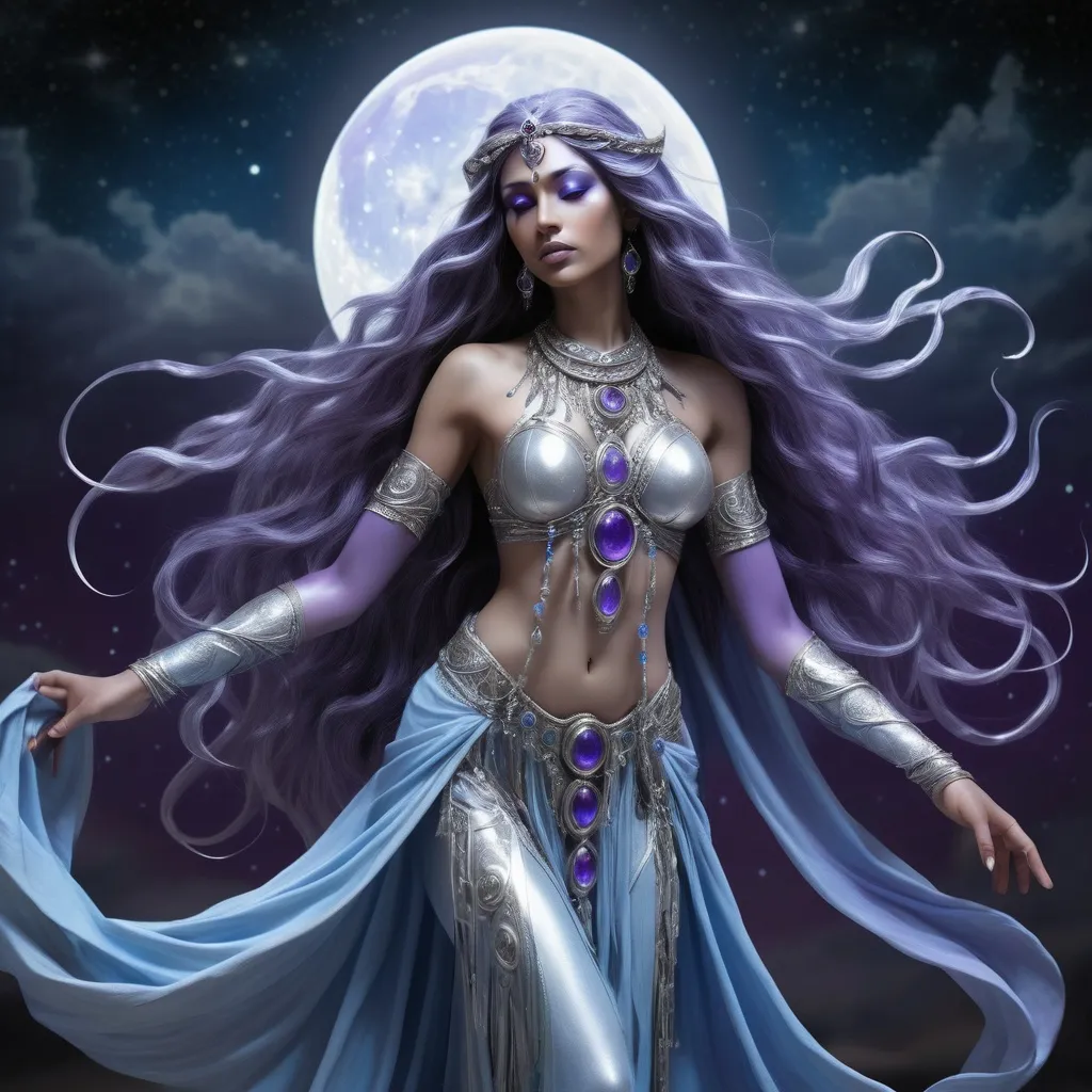 Prompt: Thara Moonshadow is a Magog, a rare and enigmatic species known for their ethereal beauty and otherworldly grace. Standing at a statuesque six feet tall, her skin is a shimmering silver that seems to dance with the light, often reflecting the soft blues and purples of the moonlit nights she so dearly loves. Her long, flowing hair cascades like a waterfall of obsidian, each strand adorned with delicate beads of silver that jingle softly as she moves. Her eyes are twin pools of liquid amber, surrounded by thick, dark lashes that seem almost too heavy for her delicate features. Her nose is straight and slender, her lips full and naturally tinted a soft pink. Her ears are pointed, elongated and adorned with intricate earrings that mirror the shape of the crescent moon. Her body is lithe and athletic, a testament to her centuries of honing her skills as a warrior and a dancer. Her fingers are long and nimble, perfect for plucking the strings of her magical lute, and her feet, bare and unblemished, leave no trace as she glides across the ground. She is often seen wearing a cloak of woven starlight that clings to her form, revealing just enough to hint at the intricate tattoos that cover her torso, each one a story from her long and storied past.