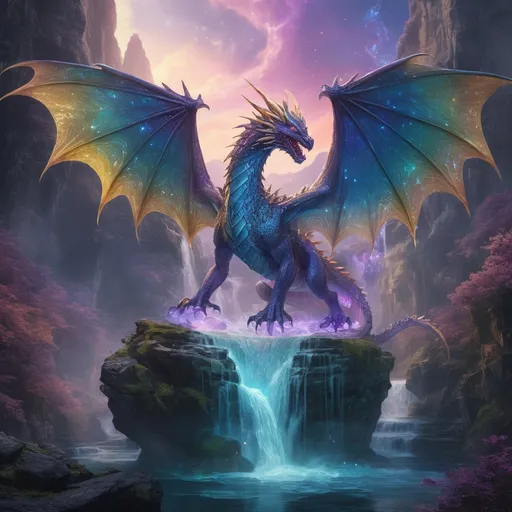 Prompt: A collector-tier fantasy NFT featuring an ethereal dragon soaring above a vast, enchanted valley. The dragon has shimmering, translucent wings with intricate golden patterns and glowing veins of energy. Its scales reflect a kaleidoscope of colors, blending hues of sapphire, emerald, and amethyst. Below, the valley is alive with fantasy elements: cascading waterfalls, glowing crystal formations, and mystical flora emitting a soft, magical light. The sky is a blend of twilight hues with swirling auroras and distant stars. The artwork exudes a sense of majesty and wonder, embodying the pinnacle of high fantasy aesthetics.