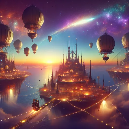 Prompt: "A sprawling pirate city built on floating islands tethered by glowing chains. Airships with ornate sails and glowing propellers navigate between islands. The sky is filled with a perpetual twilight, painted with hues of purple, orange, and gold, as a radiant comet streaks across the horizon."