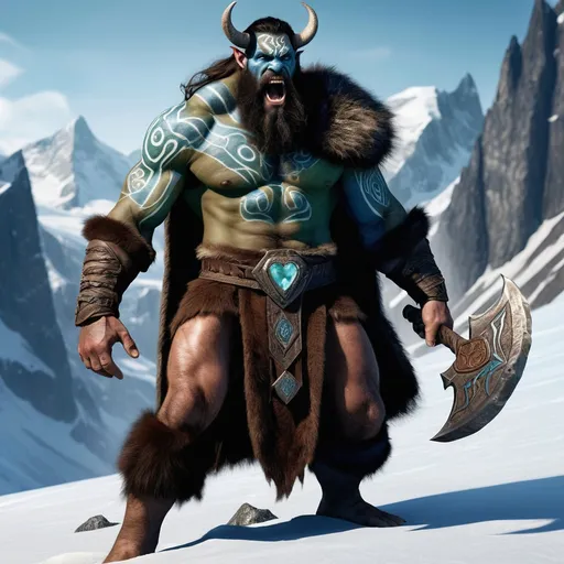 Prompt: Male Goliath, 8-foot height, earthy brown skin, blue-green veins, chiseled features, glacial ice eyes, proud aquiline nose, thick beard with rune carvings, powerful physique, mountain tattoos, fur-lined loincloth, faded frost giant pelt cloak, polished stone amulet, warhammer Heartquake, stoic demeanor.