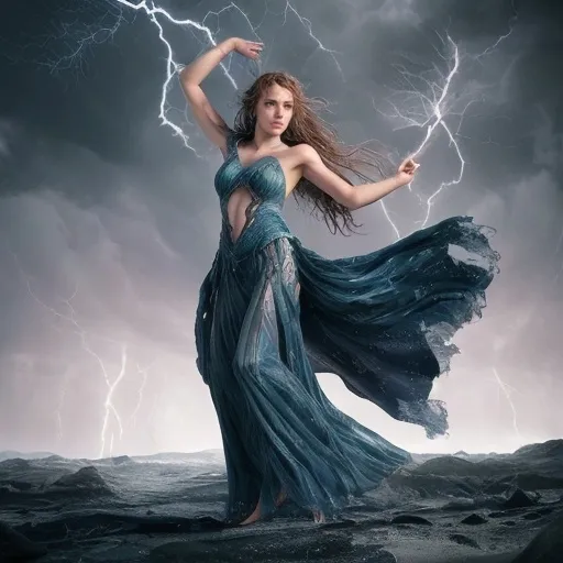 Prompt: As Leona danced with the tempest, she felt its pain and rage, but also its boundless potential for protection and rebirth. The storm was not just a weapon but a living force of nature, and she had been chosen to wield it for the greater good. Her heart pounded in time with the thunder, her soul resonating with the storm's fiery heart.