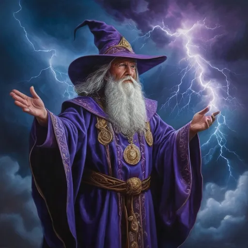 Prompt: A painting of a wizard casting a powerful spell, with a thunderstorm brewing