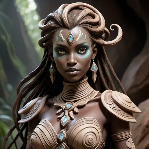 Prompt: Zephyrine Stormbreath is a striking figure, standing at a commanding six-and-a-half feet tall. Her body is sculpted from the very essence of the earth, with a complexion that ranges from deep, rich browns to the palest shades of stone. Her eyes, a swirl of earthy tones, seem to gleam with the light of trapped minerals, and her hair cascades down her back in thick, coppery waves that shimmer with the subtle iridescence of metal veins. Two sturdy horns, the color of ancient amber, emerge from her forehead, curling gracefully back towards her shoulders. Her nose is broad and strong, reminiscent of a mountain peak, while her full lips curve into a gentle smile that belies her fiery spirit. Her skin is adorned with intricate, swirling tattoos, each line a testament to her long life and the battles she has faced, the ink a vibrant green that appears almost luminescent against her earthy hue. Her body is robust and powerful, a reflection of her elemental heritage, with muscles that ripple like the strata of rock under her smooth, unblemished skin. She moves with the fluidity of a mountain stream, yet there is a sense of unyielding solidity about her, as if the very ground beneath her feet is drawn to her will.