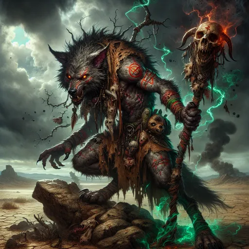 Prompt: The Ravager Shaman
"A menacing male gnoll stands atop a rocky outcropping in the heart of a desolate savanna, his fur matted and marked with ritualistic scars and painted symbols of chaos. His glowing red eyes radiate wild fury and dark intelligence. Draped in a patchwork cloak of hides and bones, he wields a twisted staff crowned with a burning skull that emits black smoke and eerie green flames. Around him, storm clouds swirl unnaturally, summoned by his dark incantations, and the ground cracks beneath his feet as glowing veins of corrupted energy spread outward. Behind him, his snarling pack howls to the darkened sky, ready to bring ruin under their shaman’s unholy command."