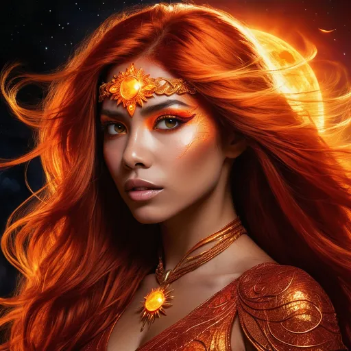 Prompt: Luna Solara is an ethereal beauty from the lost city of Solara, a race of beings who draw their power from the sun. Her skin is a luminous golden hue that seems to radiate warmth, while her eyes sparkle with the intensity of a thousand solar flares. Her voluminous hair is a fiery cascade of red and orange, often left to flow freely like molten lava down her back, reaching her waist. Standing tall at 6'3", Luna's body is athletic yet curvy, with long limbs that are adorned with intricate tattoos that glow faintly in the light, telling the story of her lineage and battles won. Her attire is a blend of ancient Solarae craftsmanship and practicality