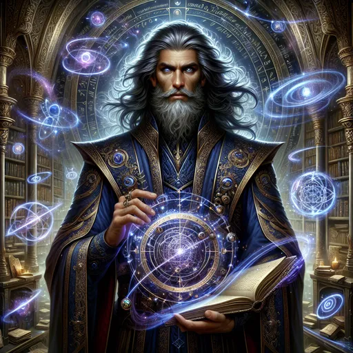 Prompt: Arcane Male Wizard in a Tower of Secrets
"A powerful male wizard stands in the heart of an ancient, mystical tower surrounded by shelves of glowing tomes, magical artifacts, and swirling arcane energy. His tall, lean figure is draped in elegant robes of midnight blue and gold, embroidered with intricate patterns of constellations, runes, and swirling arcane symbols. His piercing gray eyes glow faintly with magical knowledge, and his long, silver-streaked black hair flows behind him as if caught in an unseen wind. A finely trimmed beard frames his determined expression, adding to his aura of wisdom and command.

In his hand, he wields a gnarled staff crowned with a glowing crystalline orb that pulses with shifting hues of blue, violet, and white. Floating around him are magical sigils and fragments of glowing parchment, their runes shifting and rearranging as he channels his magic. The air around him shimmers with energy, faintly distorting the space and casting a soft light across his features.

The tower is a marvel of ancient craftsmanship: towering bookshelves carved from dark wood stretch into infinity, interspersed with floating candles, levitating scrolls, and enchanted telescopes pointed at the cosmos through the large, arched windows. Outside, a starry sky filled with swirling galaxies and comets hints at the wizard’s connection to celestial forces. He radiates intelligence, mastery of magic, and an unyielding quest for forbidden knowledge."