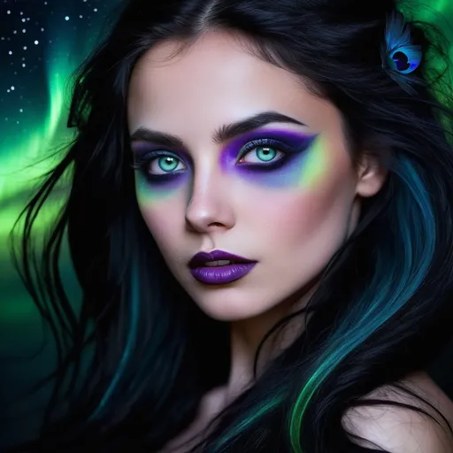 Prompt: Lila Solara is a mesmerizing creature of the night, her eyes gleaming with the ever-changing colors of the aurora borealis, a stark contrast to the velvet darkness of her pupils. Her skin, a canvas of the moonlit night, is soft and pale, with a faint shimmer that dances under the light of the stars. Her raven hair, often untamed, cascades down her back like a river of shadowy whispers, with strands of silver that seem to reflect the very essence of the moon. Her features are sharp yet elegant, with high cheekbones and a proud, aquiline nose that speaks of her nobility and heritage. Her lips are full and naturally tinted with the palest shade of pink, a stark contrast to the inky hue of her hair.

Her eyes are framed by long, curving lashes that cast shadows on her cheeks when she looks down, and her eyebrows are thin and arched, lending an air of mysterious charm to her visage. Her nose is straight and slightly pointed, hinting at the fox-like nature she embodies in her shifted form. Her neck is long and graceful, adorned with a delicate silver necklace, a family heirloom that shimmers with the whispers of ancient incantations. Her frame is lithe and athletic, a testament to her life of hunting and evading the human world. Her hands are adorned with intricate tattoos of ancient runes that trace her lineage and enhance her magical abilities.

When she shifts into her true form, the night itself seems to bow in her presence. Her fur is the deepest black, shot through with silver threads that glint in the moonlight. Her eyes, those captivating pools of color, remain unchanged, as if the cosmos themselves have descended into the sockets of a creature born of the night. Her fox form is large and powerful, with a majestic tail that stretches out behind her like a river of starlit darkness. Her paws are tipped with gleaming silver claws, and her teeth are as sharp as the shadows she commands.