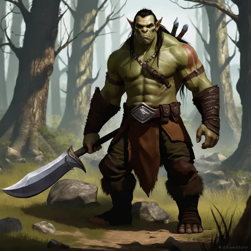 Prompt: Rivenstorm Gravelthorn, known simply as Riv, stands tall at six and a half feet, with broad shoulders and a commanding presence that draws the eye. His skin, a deep earthy brown, is a testament to his half-orc heritage, while the proud tusks that jut from his lower jaw hint at the fierceness of his lineage. His eyes, a piercing shade of emerald, seem to glow with an inner fire, a stark contrast to the rest of his rugged features. Riv's hair, a wild tangle of black and green dreadlocks, is often pulled back into a tight bun, revealing a jagged scar that bisects his left eyebrow and cheek, a souvenir from a particularly nasty skirmish in his youth. His body is a canvas of intricate tattoos, each telling a story of his battles, his victories, and his personal odyssey through the tumultuous lands of Aetheria. The most prominent of these, a fiery storm of thorns, coils around his right bicep, a symbol of his unyielding spirit and the tempest that dwells within.

Riv's attire is a blend of practicality and personal expression. He favors a mix of leather and chainmail armor, studded with shards of obsidian that whisper of his affinity with darker magics. The armor, though well-worn, is meticulously maintained, reflecting his orcish discipline and pride. A cloak of mottled greens and browns, reminiscent of the forest shadows, hangs from his shoulders, allowing him to blend into the wilds when necessary. His weapons, a pair of wickedly curved swords named Whisper and Roar, are sheathed across his back, the hilts adorned with thorny vines that seem to have grown into the metal as if part of the blades themselves. His hands are calloused and strong, capable of wielding these weapons with deadly grace, yet also gentle enough to play the haunting melodies that often drift from the small wooden flute he keeps tucked within his belt.