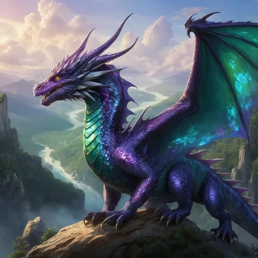 Prompt: In the heart of the enchanted realm of Eldoria, where emerald forests meet sapphire skies, there soars a magnificent female dragon named Zephyra. With iridescent scales that shimmer like opals in the sunlight and a wingspan that casts a shadow over entire villages, she is a breathtaking sight to behold. Her eyes, a deep amethyst, hold ancient wisdom and a fierce spirit, reflecting the countless adventures and battles she has faced. Zephyra is not merely a creature of fire and flight; she is a guardian of the realm, revered for her wisdom and kindness. Nestled high atop the Mistcliff Mountains, her lair is a dazzling cave adorned with crystals that glow softly in the dark, illuminating the myriad of treasures she has collected over centuries. Legends whisper of her ability to conjure storms and command the winds, using her powers to protect the innocent and maintain the balance of nature. With a heart as fiery as her breath, which bursts forth in brilliant hues of gold and crimson, Zephyra is a symbol of strength and beauty, embodying the very spirit of the wild and untamed. In her presence, both friend and foe alike are reminded of the magic that pulses through the land, waiting to be awakened.