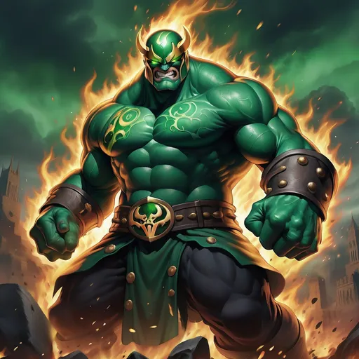 Prompt: Grunthor Ironfist towers over his kin and adversaries alike, a colossal figure of unyielding might. His emerald-green skin is scarred and pitted, a tapestry of battles fought and won, each one a testament to his unrelenting spirit. His eyes burn with an intensity that pierces the gloomiest of nights, twin embers set deep within a craggy, frowning face. Thick, unruly hair the color of midnight cascades down his back, often braided with the teeth of slain beasts. Atop his head sits a crown forged from the bones of his fiercest enemies, a symbol of his dominance. The ogre's body is a sculpture of muscles and sinew, a formidable mass that seems to defy the very laws of gravity. His hands are the size of hammers, each finger adorned with rings of ancient metal, etched with runes that whisper of power and protection. His attire is a mix of the finest looted armor and the hides of mythical creatures, patchworked together with intricate care to form a suit that is as intimidating as it is functional. A thick beard, the envy of his kind, frames a grin that splits his face, revealing a set of teeth that could shatter steel. The Ironfist clan crest, a snarling dragon wrapped around an anvil, is emblazoned upon his broad chest in gleaming gold. Despite his fearsome visage, there is a certain nobility to his bearing, a reminder of the storied lineage that courses through his veins.