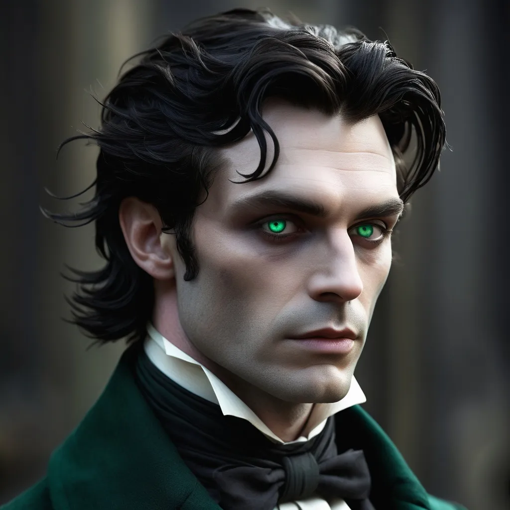 Prompt: Elijah Thornfield is an enigmatic figure with an ageless beauty that belies his centuries-old existence. His skin is a flawless, pale canvas, kissed by moonlight and untouched by the ravages of time. His raven hair, usually unkempt, frames his sharp, angular face with a brooding elegance. His eyes, a piercing shade of emerald, seem to glow with an inner intensity that can be both mesmerizing and unsettling. A prominent widow's peak gives him a slightly predatory look, while his high cheekbones and sculpted jawline make him appear as if he's been chiseled from marble. His physique is lean yet powerful, with long, sinewy limbs that speak of his supernatural grace and strength. He stands tall, often casting a shadow that seems to stretch longer than it should. He prefers to dress in dark, tailored suits that accentuate his lean figure and the occasional dramatic, flowing cape that billows around him like a shroud of mystery.