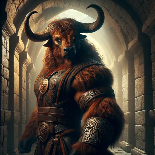 Prompt: In the heart of a labyrinthine realm, where shadows dance and whispers echo through ancient stone corridors, stands a formidable figure—a male Minotaur. Towering at nearly eight feet tall, his muscular frame is a blend of brute strength and unsettling grace. His bull-like head, crowned with impressive, rugged horns that spiral majestically towards the heavens, exudes an aura of primal power and fierce nobility. The rich, chestnut fur that cloaks his body glimmers under the flickering light of torches, while his piercing amber eyes radiate intelligence and an enigmatic depth, hinting at the wisdom of ages long past. Clad in a tunic woven from the finest leather and adorned with intricate tribal patterns, he moves with a surprising agility, navigating the labyrinth he calls home with ease. Despite his intimidating appearance, there lies within him a profound sense of honor and a deep connection to the earth and its magic. He guards the secrets of the maze, a sentinel of both darkness and light, embodying the duality of beast and man. The male Minotaur is not just a creature to be feared; he is a tragic hero of his own story, destined to protect his realm while yearning for understanding and companionship in a world that often misunderstands him.