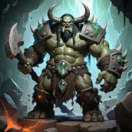 Prompt: Grommash "Stoneheart" Thundersmash stands tall at nearly eight feet, with a broad, muscular frame that seems carved from ancient stone. His skin is a mottled grey-green, with veins of iridescent crystal pulsing beneath the surface. A pair of tusks, chipped from countless battles, jut from his lower jaw, and his eyes burn with a fiery blue intensity that pierces through any darkness. His hair is a wild tangle of black and silver, often adorned with trophies of his enemies, and his beard is a veritable nest of braids and bones. He carries an enchanted warhammer named "Skullcracker" that resonates with each heavy step he takes.