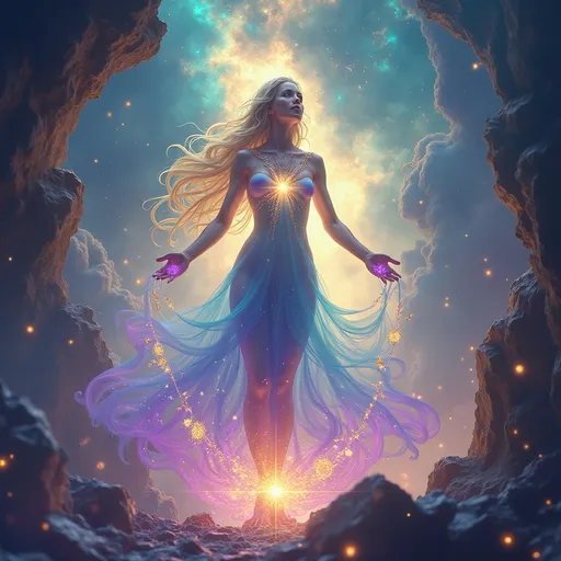 Prompt: "A radiant female Aetherborn, her translucent, opalescent body swirling with vibrant hues of violet, teal, and gold, stands at the center of a cosmic rift. Her form flickers with ephemeral light, constantly shifting as if made from living starlight. She manipulates threads of glowing aether with her elongated, delicate hands, weaving them into intricate patterns that ripple through the air like a celestial tapestry. Around her, fragments of shattered worlds float weightlessly, illuminated by a nebula that pulses with energy. Her eyes are twin galaxies, shimmering with wisdom and power, as she gazes into the infinite expanse."