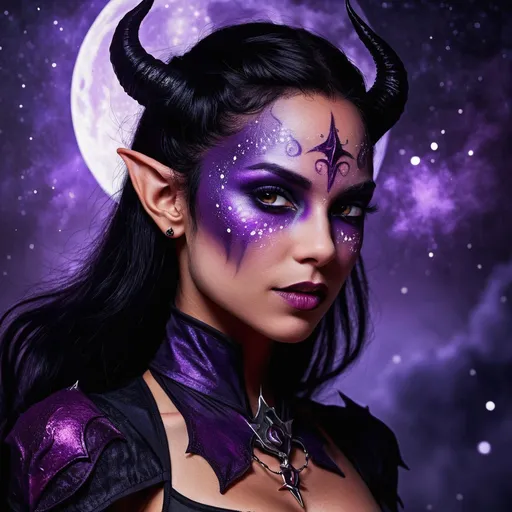 Prompt: Lilaeth Shadowdancer stands at a height that draws the eye—not so tall as to be intimidating, but certainly above average for a tiefling female. Her skin is a mesmerizing blend of deep purples and shifting blacks, reminiscent of a moonlit night sky, with star-like speckles scattered across her cheeks and neck that seem to glow with an inner fire when the light hits them just right. Her eyes are a piercing shade of emerald, surrounded by dark rings that make them appear almost supernatural. Her hair cascades down her back in a tumult of fiery red curls, often pulled back with an intricate gold-laced scarf that matches her pointed, curling horns. A set of leathery wings, as black as the darkest corner of a moonless night, emerge from her back, hinting at her infernal ancestry. Her lithe form is wrapped in a flowing garb of shadowsilk, which clings to her in a way that suggests she might just be part of the darkness itself. A thin scar, a silent testament to battles won and lost, traces the line of her jaw from ear to chin. Her hands are adorned with rings that whisper of arcane power, and a slender rapier, named Whisper of the Abyss, hangs at her side—a silent sentinel to her prowess as a warrior.