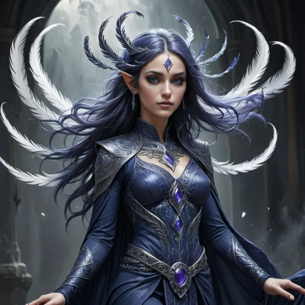 Prompt: Zarael Whisperwind, known more commonly as Zara, stands tall at six feet seven inches, a testament to her Kalashtar lineage. Her skin is a rich tapestry of blues and purples, shimmering subtly in the light with an ethereal quality that seems to hint at the bound psionic energy within her. Her hair, long and flowing, is a cascade of dark indigo that reaches the small of her back, often adorned with small crystals and feathers that whisper with every movement. Her eyes are the most striking feature, a piercing silver that seems to gaze into the soul of anyone who meets her gaze. They are large and almond-shaped, framed by thick, dark lashes, and surrounded by a faint aura that pulses with psychic energy. Her features are sharp and angular, reminiscent of elven grace but with a stoic strength that speaks of her monk training. Her body is toned and lithe, a balance of power and agility that comes from centuries of discipline and meditation. Her garments are a mix of light armor and flowing silks in shades of midnight blue and silver, allowing for ease of movement in combat and a certain elegance in diplomacy. Her hands and feet are adorned with intricate tattoos that trace the pathways of her psionic abilities, each line and swirl telling a story of her ancestral heritage and personal triumphs.