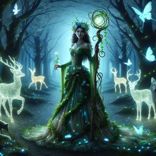 Prompt: Queen of the Mystic Forest
"An elegant elven queen draped in a gown made of living ivy and glowing flowers. She stands in an enchanted forest under a canopy of bioluminescent trees, holding a staff entwined with vines and topped with a floating orb of pure light. Surrounding her are mystical creatures—luminescent butterflies, glowing deer, and ethereal wolves."