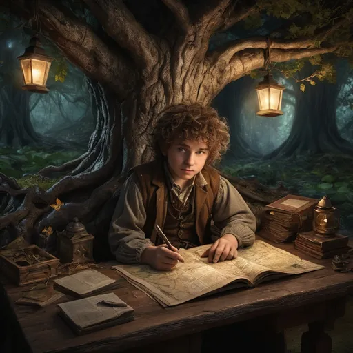 Prompt: Halfling Cartographer’s Hidden Nook
"Nestled in the roots of a massive, ancient tree lies a cozy nook where a halfling cartographer works surrounded by maps and scrolls. The halfling, with curly hair and a curious expression, sits at a cluttered wooden desk illuminated by a lantern made of glowing fireflies in a jar. The walls of the nook are lined with shelves holding rolled-up maps, jars of ink, and small trinkets from far-off lands. A delicate, hand-drawn map stretches across the desk, showing an intricate depiction of an uncharted realm. Nearby, a small kettle boils over a crackling hearth, and a loyal, shaggy dog naps in the corner. The atmosphere is warm and inviting, with hyper-detailed textures on the maps, lantern, and tree bark that make the scene feel alive."