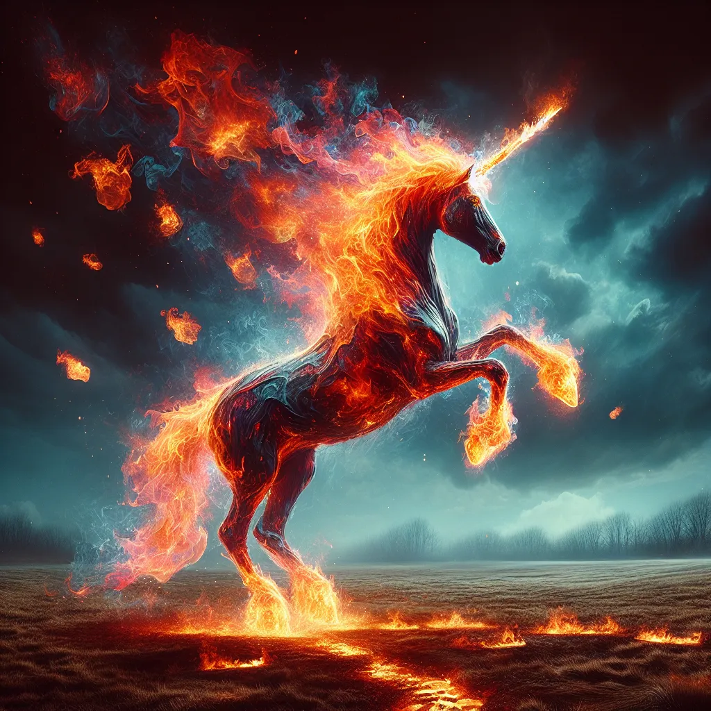 Prompt: "A smoldering Unicorn emerges from a barren field, their body wreathed in flames that flicker with an eerie, ghostly hue. Their molten horn glows like liquid fire, and every step they take leaves scorched footprints. Embers swirl around them as they rise, seeking to deal justice against those who caused their fall."