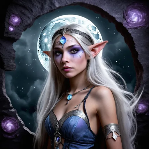 Prompt: Born into a clandestine tribe of Trow, Thyra Moonshadow was raised in the hidden caverns beneath the mortal realm. The Trow are a reclusive people, known for their cunning, their intricate craftsmanship, and their deep spiritual bond with the moon. The tribe worshipped the moon goddess, Luna, and from a young age, Thyra exhibited a profound connection to her. Her eyes would mirror the moon's phases, and her very presence seemed to calm the volatile underground waters and soothe the restless spirits of the earth. Her mother, a renowned seer, recognized the potential within her and took it upon herself to train Thyra in the ancient arts of the moon priestesses.

As Thyra grew, she became an adept in the sacred dances that could manipulate the tides and coax the growth of fungi and luminous flora that lit their subterranean world. Her people revered her, and her name became synonymous with peace and prosperity. However, the outside world was not as kind to the Trow. When humans discovered their existence, fear and greed led to a violent purge, forcing the survivors deeper into the earth's embrace. Thyra's mother was lost in the chaos, and her tribe scattered. Now, with the weight of her lineage and her mother's unfulfilled prophecies, she has emerged into the surface world for the first time to find her kin and restore the balance between the Trow and the humans, guided by the ever-watchful gaze of the moon above.