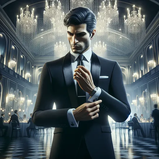 Prompt: 
"An exquisite, cinematic illustration of an elegant secret agent in a sophisticated, high-stakes setting. The agent is a poised figure, dressed in a sharp, tailored black tuxedo with a sleek tie or bowtie, exuding charisma and an aura of danger. Their posture is confident yet subtle, one hand holding a slender, silenced pistol while the other adjusts their cufflink with a calm demeanor.

Their face is sharp and striking, framed by impeccably styled hair, with piercing eyes that seem to calculate every detail of their surroundings. A faint smirk hints at a hidden agenda or an unshaken confidence.

The backdrop is a lavish, modern gala hall, filled with opulent chandeliers, a marble dance floor, and elegantly dressed attendees mingling in the background. Despite the glamour, there’s an undercurrent of tension: subtle clues like concealed earpieces, glances exchanged between shadowy figures, and an unattended silver briefcase hint at espionage and intrigue.

Lighting is dramatic, with soft golden hues from the chandeliers contrasting with the cool blue of moonlight spilling through floor-to-ceiling windows, which reveal a sprawling, futuristic cityscape outside. This artwork perfectly captures the sophistication, mystery, and allure of a world-class secret agent immersed in a world of covert missions and high society."