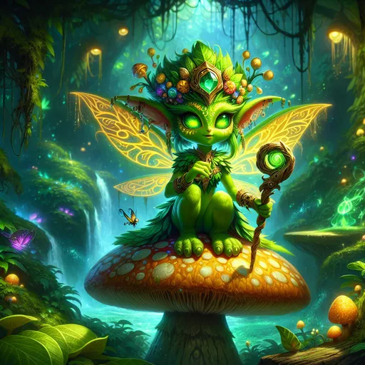 Prompt: "A vibrant, lime-green female Grung with shimmering golden patterns on her skin, perched atop a giant, moss-covered toadstool in the heart of a dense, glowing jungle. Her large, expressive eyes gleam with wisdom as she holds an intricately carved staff crowned with a luminescent crystal. Surrounding her are bioluminescent plants, glowing insects, and ancient ruins draped in vines. A waterfall of sparkling, rainbow-hued water cascades behind her, and faint mystical symbols float in the humid air as she chants a spell to summon the jungle’s spirits."