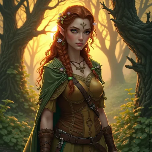 Prompt: "A striking female half-elf with sun-kissed skin and chestnut hair braided with wildflowers, standing amidst an ancient grove bathed in the warm glow of twilight. Her piercing hazel eyes glimmer with both elven grace and human determination. She wears a leather tunic adorned with intricate carvings of vines and leaves, paired with a cloak that shimmers like a fading sunset. In one hand, she holds a curved, enchanted scimitar that glows faintly green, and in the other, a wooden talisman carved with druidic runes. Around her, the grove seems alive — trees sway gently as glowing wisps of light float through the air, casting an otherworldly aura over the sacred space."