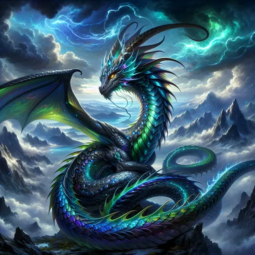 Prompt: "A majestic female dragon with iridescent scales in shades of sapphire blue and emerald green, her body coiled atop a mountain peak surrounded by swirling mist and clouds. Her eyes are glowing molten gold, radiating ancient wisdom and power. Her long, sleek tail flicks with grace as massive, leathery wings unfurl from her back, casting a shadow over the craggy terrain below. Her scales shimmer in the light, shifting from rich blues to glowing greens with every movement, as if alive with magic. She wears a crown of ancient, enchanted jewels set in a circlet atop her head, and ethereal wisps of flame dance from her nostrils.

The sky behind her is alive with tumultuous storm clouds, casting bolts of lightning and illuminating the dragon's form with an intense, electrifying glow. Jagged mountains stretch into the horizon, their peaks lost in the storm. Below, the landscape is lush, with dark forests and winding rivers that glisten with a faint magical glow. The atmosphere is charged with power, as the dragon's presence commands the forces of nature itself. She watches over her domain with a regal and formidable presence, exuding an aura of both grace and danger."