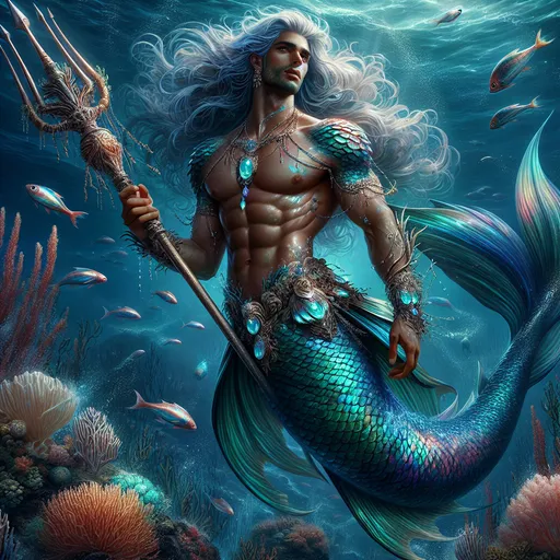 Prompt: The Tidal Warden
"A regal male merman rises from the depths of a shimmering coral reef, his muscular, aquiline form blending seamlessly into his iridescent, scaled tail that glimmers with hues of deep blue and seafoam green. His chest is adorned with a cuirass made of mother-of-pearl and enchanted shells, while his shoulders are draped with kelp-like pauldrons that sway with the water's currents. His trident, carved from enchanted coral and tipped with glowing aquamarine crystals, pulses with the power to command the ocean's tides. His long, flowing hair is streaked with silver, flowing like seaweed in the currents, and his piercing teal eyes reflect the endless depths of the sea. Surrounding him, schools of luminescent fish and guardians of the deep—sharks and rays—circle in reverent protection, as the undersea kingdom watches its champion prepare to defend their realm."