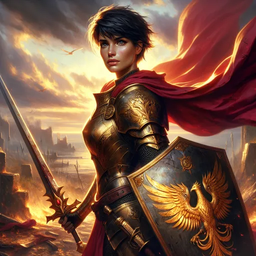 Prompt: The Blazing Vanguard
"A resolute female human warrior stands amidst a battlefield at dawn, her polished, golden armor catching the first rays of sunlight. Her strong, angular features are framed by short, wind-swept black hair, and her piercing blue eyes burn with determination. A crimson cape billows behind her, its edges singed from countless battles, and her shield—emblazoned with the symbol of a phoenix—bears the scars of fierce combat. In her hand, she wields a radiant longsword that glows faintly with divine light, a gift from the gods to aid her crusade against darkness. Around her, the tide of battle begins to turn as her unwavering courage inspires her allies to rally. The ground beneath her feet is scorched and littered with remnants of shattered weapons, but she stands tall, a beacon of hope against overwhelming odds. Overhead, the sky clears as if her presence alone banishes the storm."