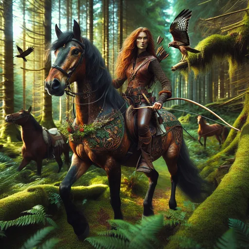 Prompt: The Verdant Huntress
"A powerful female centaur strides gracefully through an ancient forest, her lower body that of a sleek, dappled chestnut mare, while her human torso is muscular yet elegant. Her tawny skin glows softly in the dappled sunlight filtering through the canopy, and her long, auburn hair is braided with wildflowers and feathers. Her piercing emerald eyes scan the surroundings with the keen awareness of a seasoned hunter. She is clad in a leather tunic adorned with intricate patterns of vines and leaves, blending seamlessly with the natural world around her. In her hands, she wields a beautifully carved bow of yew, its string taut and ready, while a quiver of arrows fletched with hawk feathers rests against her back. Around her, the forest hums with life, as creatures great and small recognize her as both protector and predator. The air is filled with the scent of earth and pine, and the distant rustle of leaves hints at unseen movement, a target she is ready to pursue."