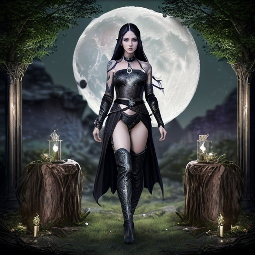 Prompt: Elven sorceress, 22, pale ivory skin, midnight black hair, emerald eyes, slender, athletic, tattooed, moonlit glow, arcane aura, form-fitting leather armor, chainmail top, crimson sash, low-slung pants, bare feet, thigh-high boots, moonstone necklace, elven grace, fiercely independent, sensual charm, magnetic allure, moon-cycle moods, elven beauty, ethereal frame, tattooed sorceress, night-elf, moonlit visage, translucent skin, forest dweller, mystical heritage, cunning survivor, elemental power, lunar-inspired fashion, moon-kissed features.