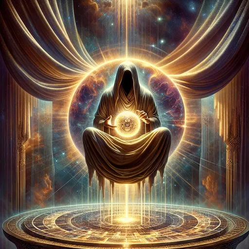 Prompt: "A robed figure with a face hidden beneath a shimmering veil sits cross-legged atop a floating, glowing disk. In their hands, they hold a swirling orb of light that reflects visions of countless futures. Behind them, massive, ethereal tapestries stretch out, depicting the rise and fall of civilizations in vibrant, animated detail."