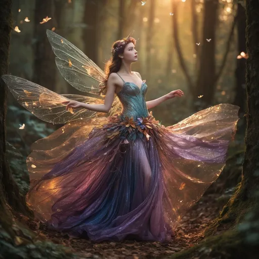 Prompt: In a realm where twilight dances with starlight, a captivating female fairy flits gracefully through the enchanted forest. Her gossamer wings shimmer with iridescent hues, reflecting the colors of the sunset as she moves, leaving a trail of sparkling pixie dust in her wake. Dressed in a gown woven from delicate petals and soft leaves, she embodies the very essence of nature, her hair cascading like a waterfall of moonlit silk adorned with tiny, glowing blossoms. With eyes that glisten like emeralds, she possesses an ancient wisdom and a playful spirit, capable of summoning the whispers of the wind and the gentle murmur of the streams. As she weaves through the trees, enchanting creatures of the wood gather around her, drawn by her melody of laughter and the magic that radiates from her being. This fairy is not just a guardian of the forest, but a beacon of hope and joy, weaving dreams into the fabric of reality under the watchful gaze of the stars.