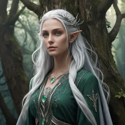 Prompt: In the heart of the enchanted forest of Eldoria, where ancient trees whisper secrets to the wind, resides a High-Elf Wizard whose presence commands both awe and respect. With flowing silver hair that glimmers like moonlight and piercing emerald eyes that seem to hold the wisdom of ages, she embodies the ethereal beauty and grace of her race. Clad in robes woven from shimmering starlight and adorned with intricate patterns of celestial runes, she carries an ornate staff topped with a radiant crystal that pulses with arcane energy. Her magical prowess is unrivaled, allowing her to bend the very fabric of reality to her will. She is a master of elemental spells, capable of conjuring fierce storms or soothing breezes with a mere flick of her wrist. The forest itself thrives under her careful watch; flowers bloom more vibrantly, and creatures of the woods find protection in her presence. Yet, beneath her serene exterior lies a fierce determination to protect her realm from encroaching darkness. With a heart full of courage and a mind sharp as the finest elven blade, she stands as both a guardian and a guide, ready to embark on quests that weave the threads of fate itself. Legends speak of her adventures, where she harnesses the power of the stars and the wisdom of the ancients, forever etching her name into the annals of time as the legendary High-Elf Wizard of Eldoria.