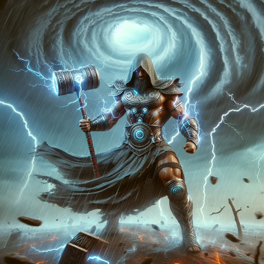 Prompt: "A muscular warrior clad in storm-touched armor stands triumphant in the eye of a hurricane. Their hammer crackles with electric energy, and bolts of lightning strike the ground with every step they take. Above, the storm seems alive, roaring and swirling as if cheering on its chosen champion."