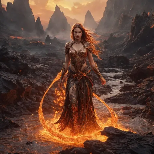 Prompt: In the heart of a molten landscape, where rivers of lava flow like veins through the earth, stands a striking Fire Genasi named Kaelara. Her skin glimmers with a warm, ember-like hue, transitioning from deep crimson at her fingertips to a glowing gold at her shoulders, as if she carries the essence of flames within her very being. Flickers of fire dance in her long, flowing hair, which resembles blazing tendrils, occasionally sparking and illuminating her sharp, amber eyes—eyes that burn with intelligence and a fierce determination. As she strides confidently across the rugged terrain, the air around her shimmers with heat, distorting the view of the jagged obsidian rocks and the bubbling pools of molten magma that surround her. Kaelara wears a garb woven from the resilient fibers of charred foliage, adorned with intricate patterns resembling flames that seem to flicker and shift in the light. Behind her, the fiery horizon blazes with hues of orange and gold, casting an ethereal glow over the landscape. In this realm of fire and ash, Kaelara embodies the spirit of her environment—a fierce protector of her fiery domain, ever ready to wield her powers against any who threaten the balance of her world.