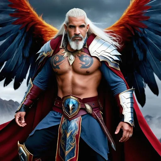 Prompt: Giant, male, stormy blue skin, 24 feet tall, platinum hair, piercing silver eyes, hooked nose, regal features, tattooed, chieftain's beard, gold and silver threads, scaled drake hide armor, crimson cloak, Thunderblade, griffin companion, Rite of Ascension, young leader, fiery passion, compassionate, unpredictable temper, stoic, wise, fair, honor-bound, protective, cloud fortress dweller, cloudship master, legendary tale-teller, bone flute player, hopeful beacon.