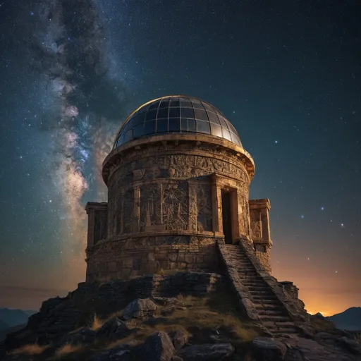 Prompt: Ancient Celestial Observatory
"An ancient observatory perched on a mountain peak under a vivid night sky filled with swirling galaxies and stars. The structure is carved from dark stone, with massive golden telescopes and intricate constellations etched into the walls. Glowing runes encircle the base of the observatory, pulsing faintly as if alive. A hooded figure stands at the edge, gazing through a telescope, their silhouette illuminated by the cosmic glow. The scene is mystical and grand, emphasizing the beauty of the heavens and the ancient architecture."