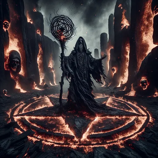 Prompt: "A dark mage stands in the center of a massive, glowing pentagram carved into the scorched earth. Their robes are made of black smoke, and their staff is a twisted, flaming branch that burns eternally. Surrounding them are towering pillars of flame and molten rock, with screaming, spectral faces trapped within the inferno."