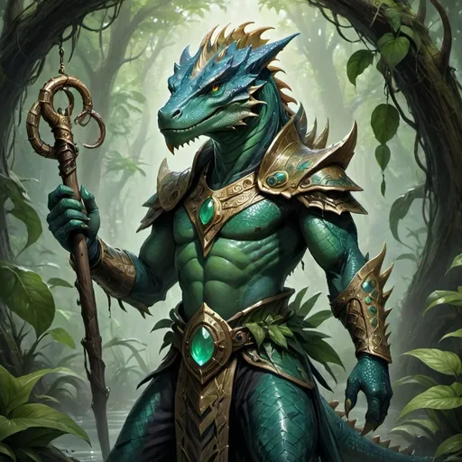 Prompt: Ssythrax the Sage is a young adult among his Lizardmen kin, standing tall at an impressive seven and a half feet. His emerald scales, a sign of his noble lineage, shimmer under the light of the ancient swamp's bioluminescent flora. His eyes, a piercing shade of gold, reflect the wisdom and cunning of his ancestors who navigated the treacherous waters of the Great Swamp. A crest of vibrant blue scales adorns his head, a stark contrast to the verdant hue of the rest of his body. This crest, a symbol of his scholarly achievements, reaches down to the base of his neck, where it merges into intricate patterns that trace the contours of his muscular form. His tail, a robust six feet long, is adorned with rings and amulets made from the bones of fallen beasts, each one telling a story of valor and cunning. Ssythrax wields an elegant staff carved from the heartwood of an ancient mangrove, which is said to hold the spirits of the swamp within. His clawed hands are adorned with rings of gold and jade, hinting at his affinity for both martial and mystical pursuits. Despite his intimidating presence, Ssythrax carries himself with a grace and poise that belies his reptilian nature.