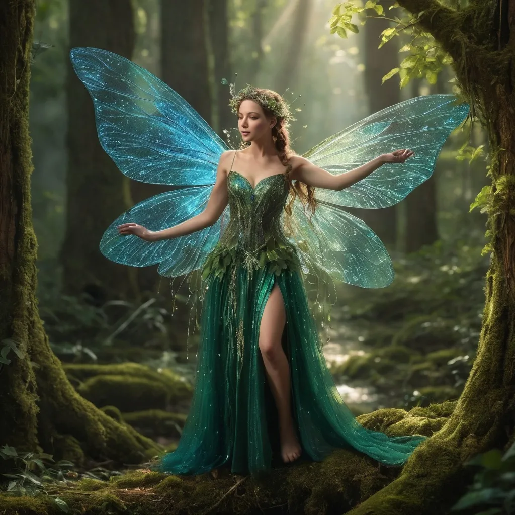 Prompt: In the heart of an enchanted forest, where sunlight dances through the leaves and the air hums with magic, lives a mesmerizing female pixie named Elowen. Standing no taller than a delicate flower, Elowen's shimmering wings are reminiscent of iridescent dragonfly wings, glistening with hues of emerald and sapphire that shift and change as she flits through the treetops. Her hair cascades like spun gold, adorned with tiny blossoms that bloom only in her presence, and her eyes sparkle like twin stars, reflecting the wonder of the world around her. Elowen is known for her mischievous spirit and gentle heart, always ready to lend a hand to lost creatures or sprinkle her enchanting pixie dust to bring joy to those who need it most. With every flutter, she leaves behind a trail of shimmering glitter that sparkles under the moonlight, enchanting all who witness her flight. A guardian of the forest's secrets, Elowen dances amidst the wildflowers, guiding weary travelers with her melodic laughter and weaving tales of ancient lore that echo through the ages. In her presence, the mundane transforms into the magical, reminding everyone that wonder still exists in the world.