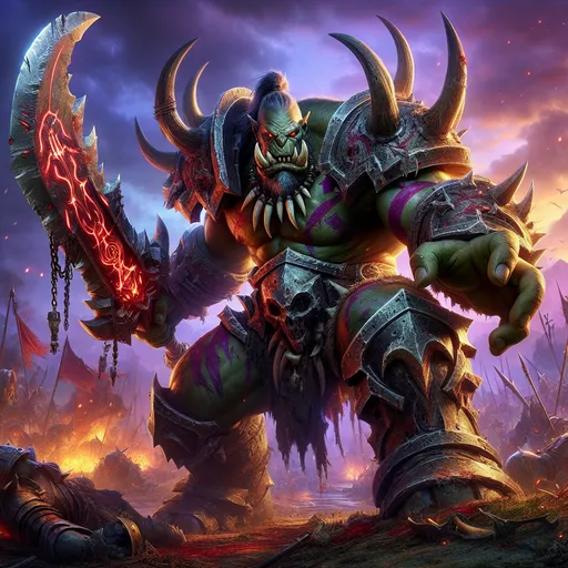 Prompt: "A stunning fantasy artwork featuring a menacing half-orc warrior standing on a battlefield at twilight. The half-orc towers over the scene, his muscular frame covered in battle-scarred armor adorned with spikes and tribal engravings. His skin is a mottled greenish-gray, his tusks curved and sharp, and his glowing red eyes radiate an intimidating, feral intelligence.

In his hands, he wields a massive, jagged greatsword that hums faintly with a dark, arcane energy, its blade etched with runes that glow an eerie crimson. His stance is aggressive, one foot planted firmly on a fallen foe, and his snarl reveals his thirst for victory.

Behind him, the battlefield is littered with the wreckage of war: shattered weapons, broken banners, and smoldering fires. The sky above is a blend of deep purples and fiery oranges as the sun sets, casting dramatic shadows across the scene. A distant silhouette of his advancing army looms on the horizon, banners fluttering in the smoky wind.

The mood is intense, capturing the raw power, menace, and unrelenting determination of the half-orc as he dominates the scene with his overwhelming presence."
