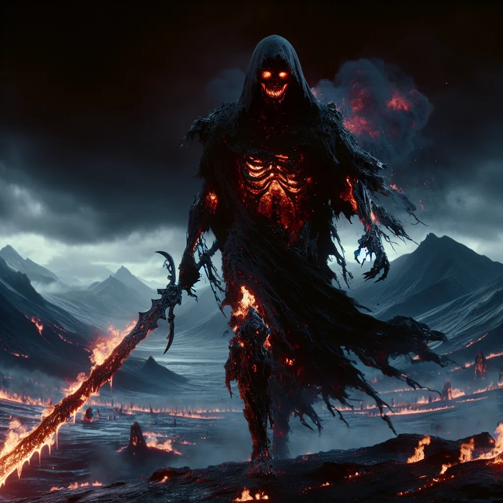 Prompt: "A fearsome figure cloaked in smoldering ash and flickering black flames strides through a ruined battlefield. Their devilish visage glows with the embers of an neon fire, and their molten great sword drips with liquid obsidian. Around them, charred hills rise as shadowy warriors, bound to their master’s vengeful will."