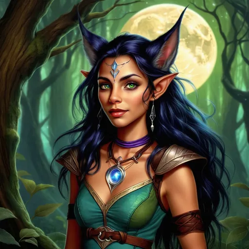 Prompt: Born in the mystical city of Lunara, nestled deep within the heart of the Enchanted Forest, Thara Moonshadow is the daughter of a human bard and a Trow seer. Her mother, Luna Moonshadow, foresaw the union and the unique gifts their offspring would possess. Raised in the shadow of her mother's prophecy, Thara grew up with one foot in each world. Her human father, Ardan, taught her the art of music and storytelling, while her mother imparted the ancient Trow secrets of moon magic. Her early years were filled with tales of human heroism and the whispers of forgotten Trow lore, fueling a burning curiosity within her.

As Thara matured, she became renowned for her ability to manipulate moonlight into tangible forms. She could weave it into cloaks of invisibility, bridges that spanned great chasms, and weapons that glowed with an eerie, cold light. Her talents did not go unnoticed, and soon she found herself at the center of a prophecy that spoke of a Trow-human hybrid who would unite the two races against a common enemy. Despite her mother's warnings of the peril such a path would bring, Thara felt a deep responsibility to her heritage and the peace of her people.

The Trows of Lunara lived in harmony with nature, their city a marvel of bioluminescent fungi and crystalline structures. Their way of life was threatened by the encroaching human civilization and the greed of men seeking the forest's riches. Thara, with her charismatic speech and unrivaled command of moon magic, became an ambassador to the human world. She sought allies and knowledge, navigating the complex tapestry of human politics and culture with the grace of a dancer and the cunning of a shadow. Her travels led her to distant lands and ancient tomes, filling her mind with the wisdom of a dozen lifetimes.