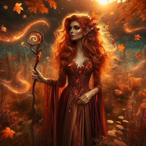 Prompt: 
The Seasonal Enchantress
"A stunning female Eladrin stands at the edge of an enchanted glade, her form shifting subtly to reflect the vibrant hues of autumn. Her cascading hair glows like fiery amber leaves, interwoven with delicate golden threads that catch the light. Her skin carries the soft, warm tone of a setting sun, and her eyes, deep and entrancing, shimmer like pools of liquid gold. She wears an elegant gown of flowing silk, its colors changing seamlessly from the rich reds of autumn to earthy browns and oranges, as though she embodies the season itself.
In her hand, she wields a slender staff of twisted wood, crowned with a crystal that pulses gently with the energy of the Feywild. Around her, the glade is alive with magic: leaves drift in swirling patterns as if drawn to her presence, and a soft, melodic breeze carries the scent of ripe fruit and blooming flowers. Small woodland creatures gather near her feet, drawn to the warmth of her aura, while faint, ethereal music hums in the background, resonating with her every movement. Her expression is serene yet commanding, as though she holds the wisdom of countless seasons within her gaze."